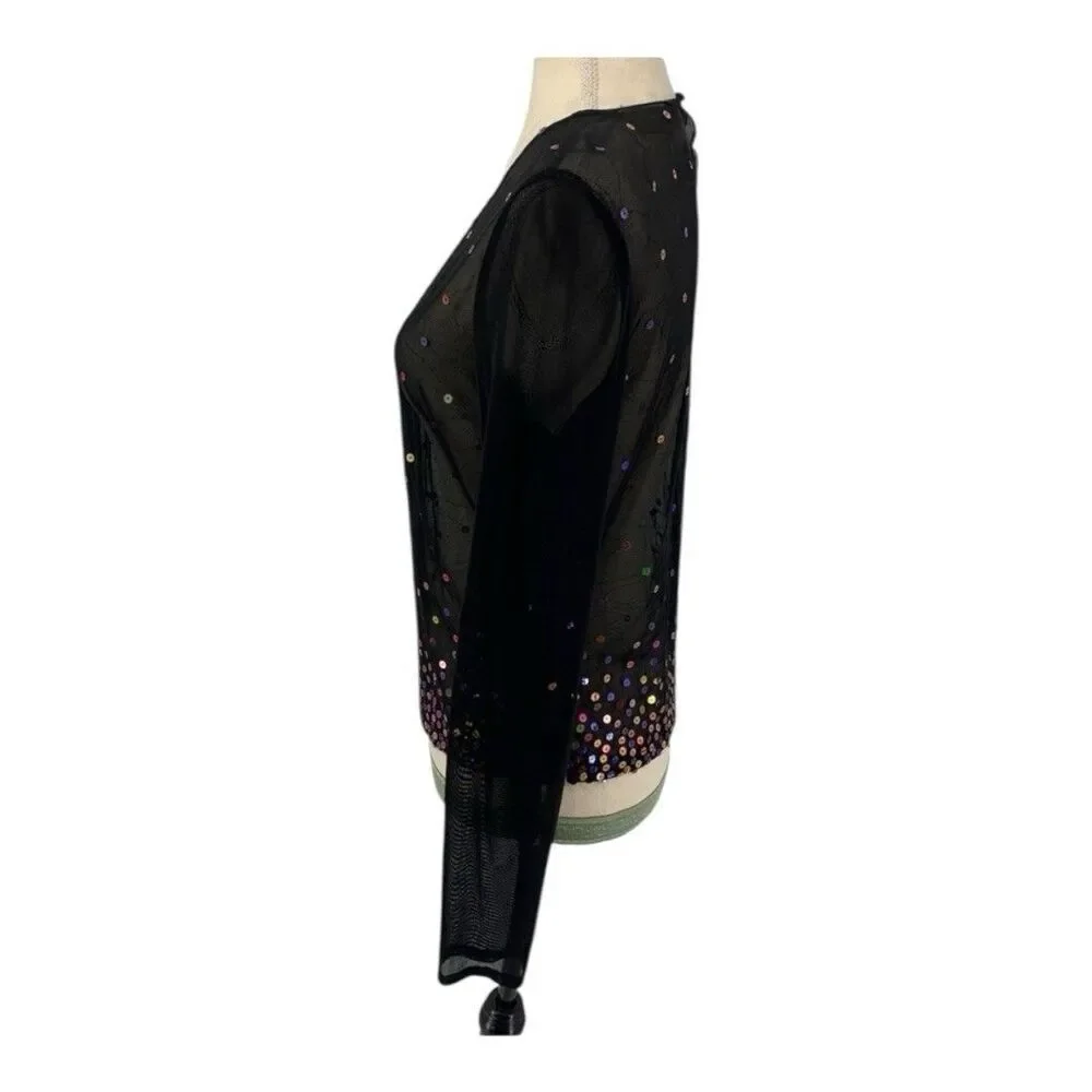 Vintage Cache Y2K Mesh Black Top Multi Colored Sequins Size Medium